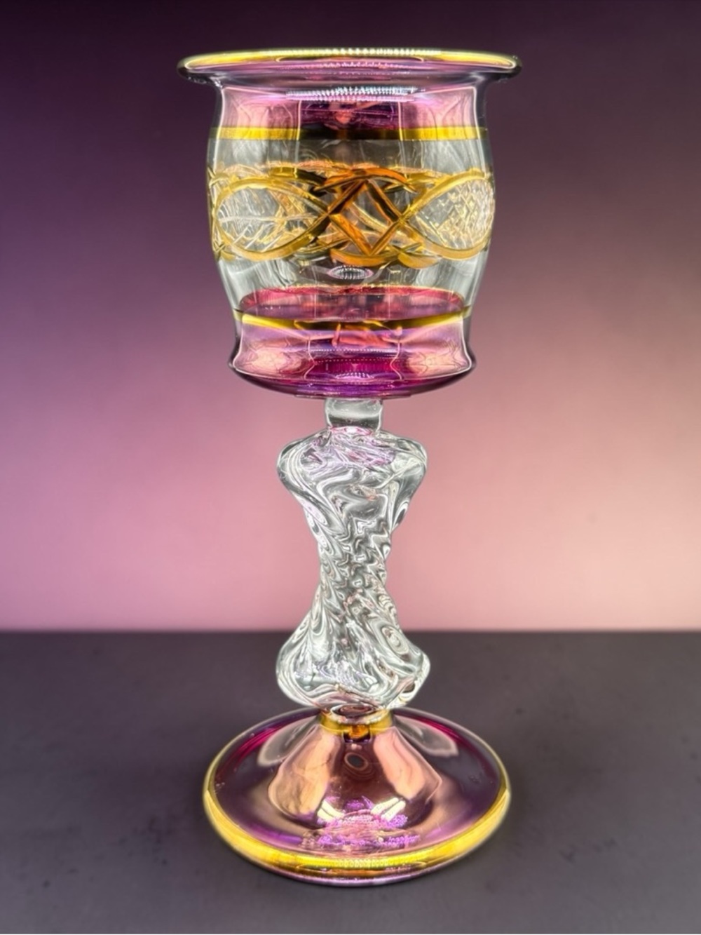 Iridescent Art Glass Pink Gold Clear Candle Votive Holder Delicate Twist Stem